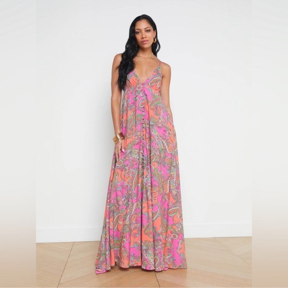 L'AGENCE Pink and Orange Paisley Maxi Dress